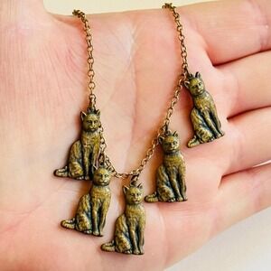 VTG Pididdly Links Cat Lovers Charm dangle Necklace chain fringe Gold Fringe 15"